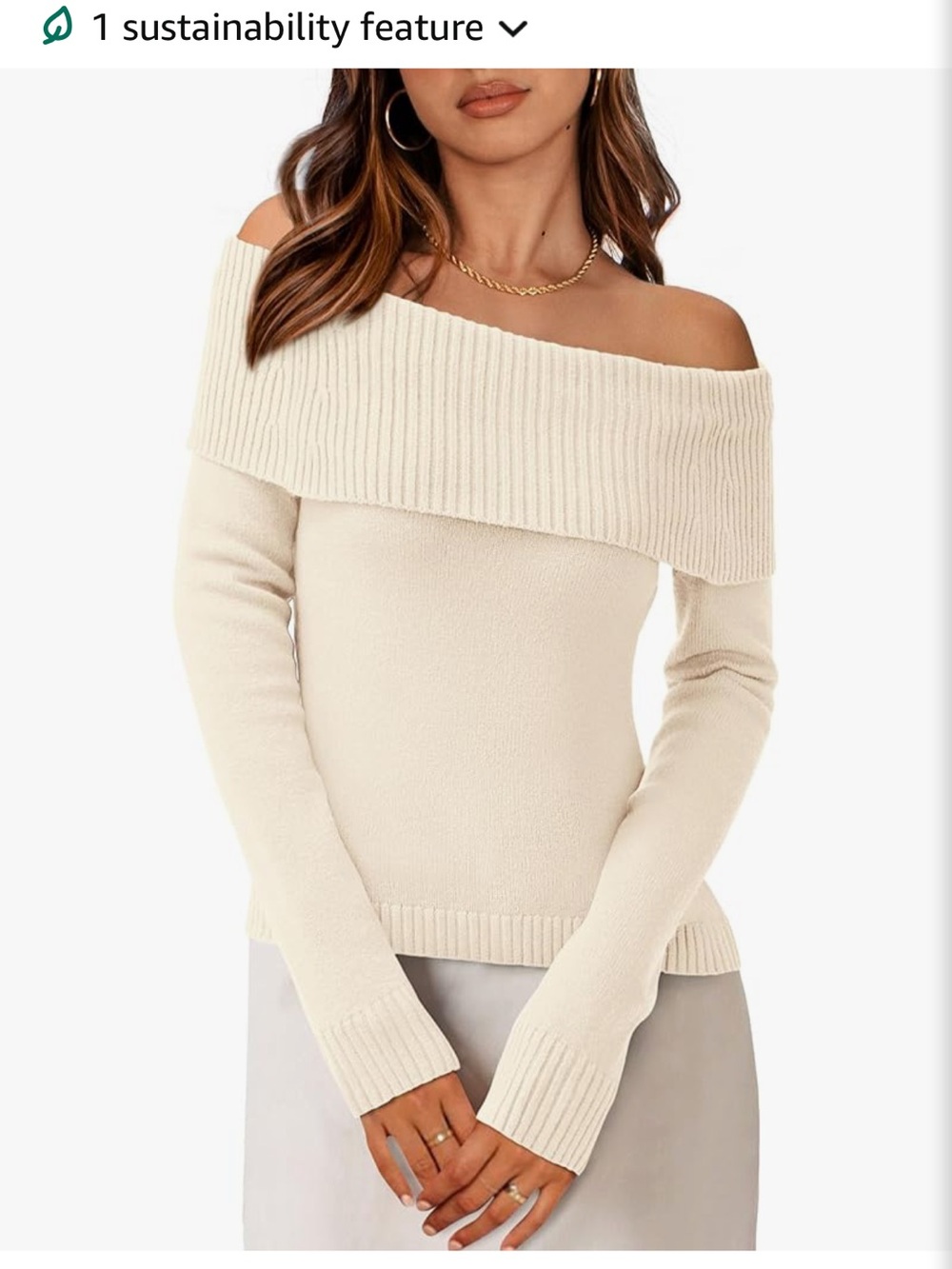 Off-the-Shoulder Ribbed Foldover Sweater - Cream